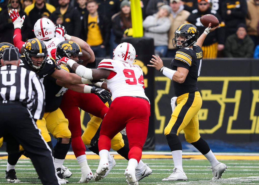 Iowa Hawkeyes quarterback Nate Stanley (4) passes the ball during a game against Nebraska at Kinnick Stadium on November 23, 2018. (Tork Mason/hawkeyesports.com)