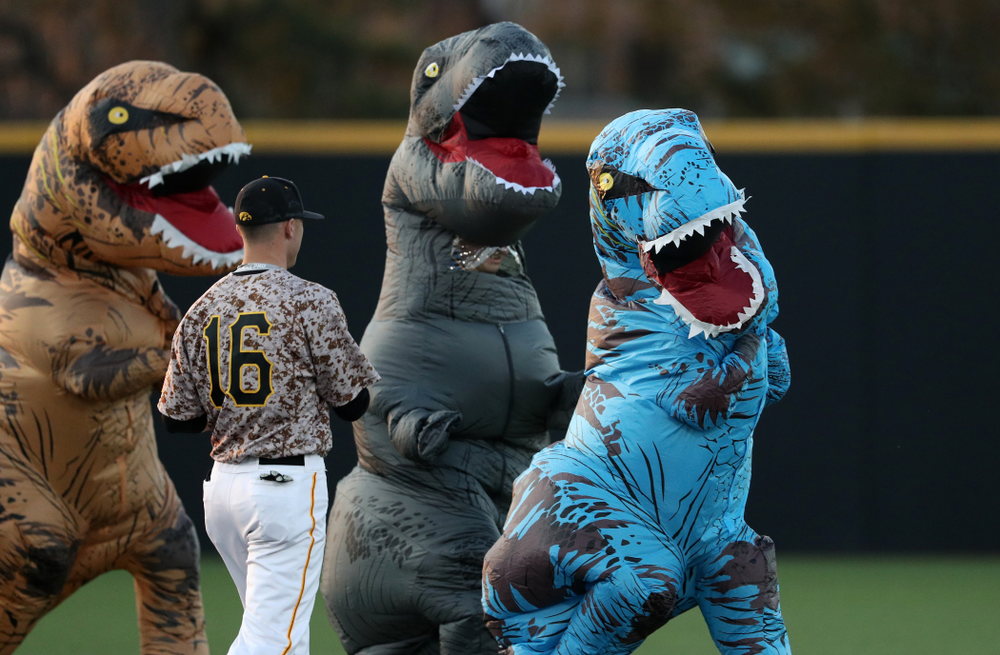 The dinosaur race during the Iowa Hawkeyes game against the Nebraska Cornhuskers on Military Appreciation Night Friday, April 19, 2019 at Duane Banks Field. (Brian Ray/hawkeyesports.com)