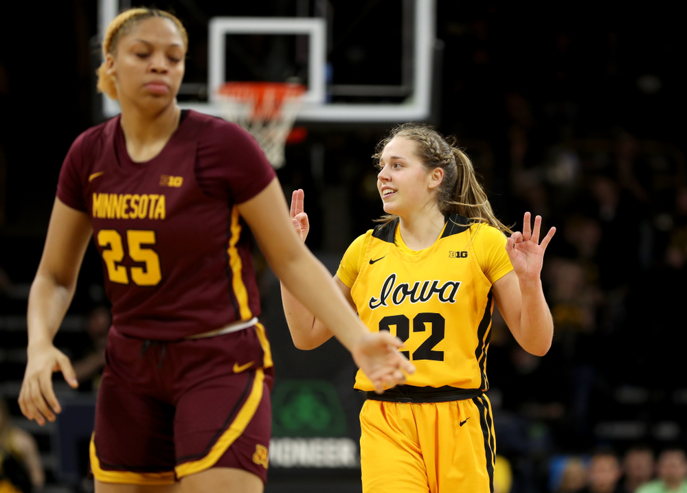 Iowa Hawkeyes guard Kathleen Doyle (22) against the Minnesota Golden Gophers Thursday, February 27, 2020 at Carver-Hawkeye Arena. (Brian Ray/hawkeyesports.com)