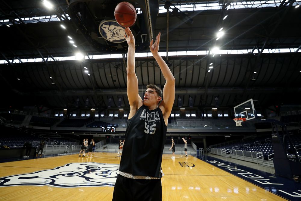 Iowa Hawkeyes forward Luka Garza (55) during practice at Hinkle Fieldhouse Wednesday, March 11, 2020 in Indianapolis. (Brian Ray/hawkeyesports.com)