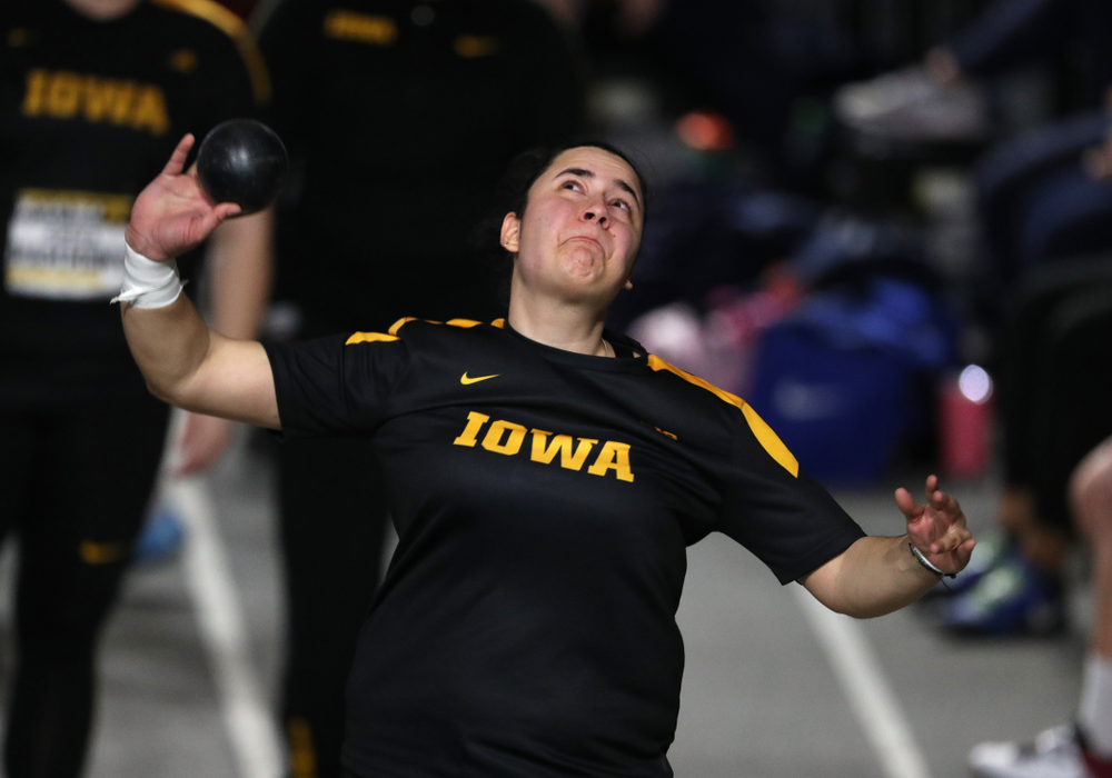 Iowa's Konstadina Spanoudakis competes in the Shot Put during the Black and Gold Premier meet Saturday, January 26, 2019 at the Recreation Building. (Brian Ray/hawkeyesports.com)