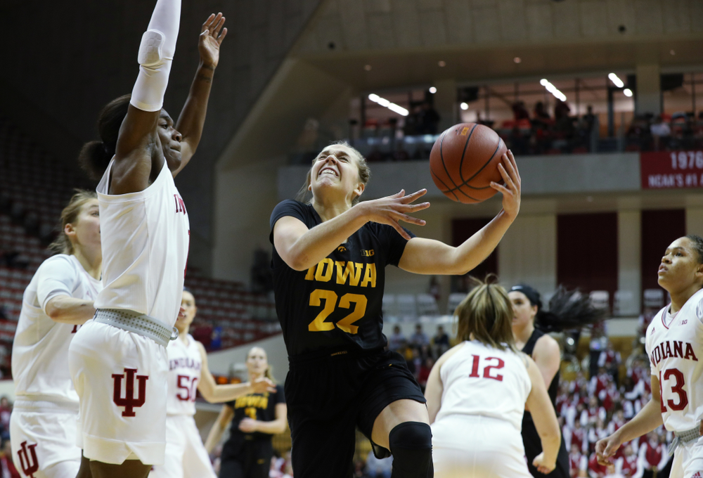 Iowa Hawkeyes guard Kathleen Doyle (22) against the Indiana Hoosiers Thursday, February 21, 2019 at Simon Skjodt Assembly Hall. (Brian Ray/hawkeyesports.com)