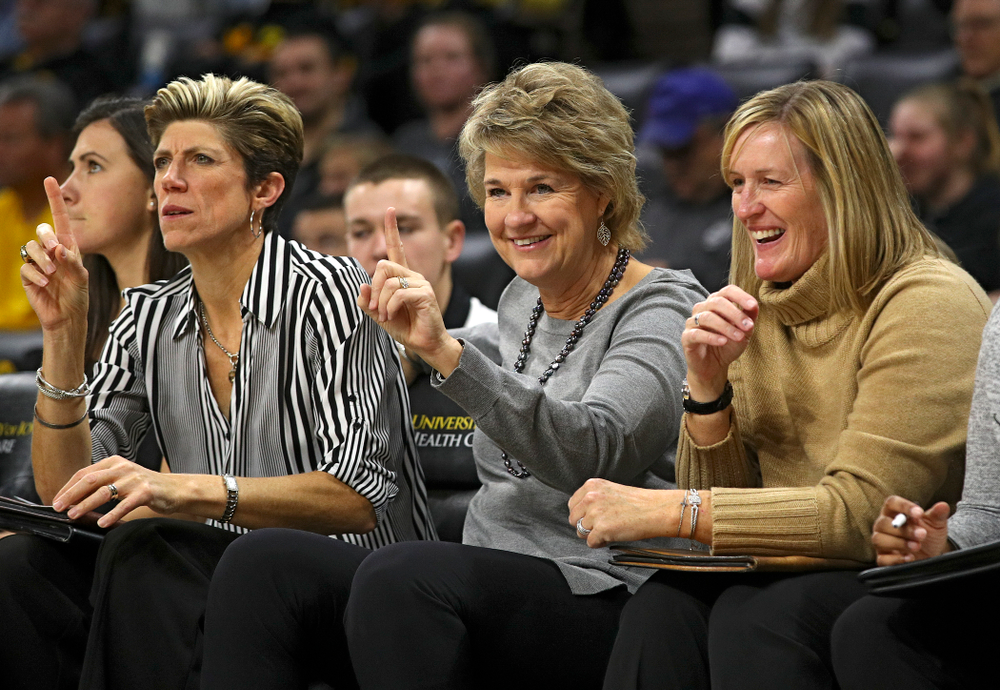 Iowa associate head coach Jan Jensen, head coach Lisa Bluder, and special assistant to the head coach Jenni Fitzgerald on the bench during the fourth quarter of their game against Winona State at Carver-Hawkeye Arena in Iowa City on Sunday, Nov 3, 2019. (Stephen Mally/hawkeyesports.com)