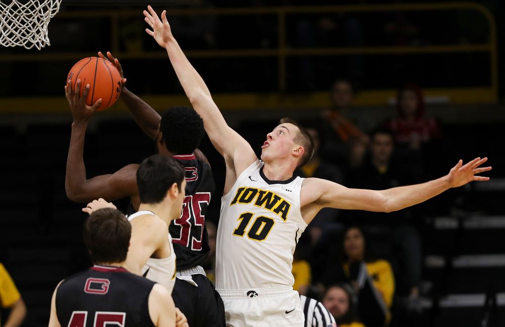 Iowa Hawkeyes guard Joe Wieskamp (10) contests a shot during a game against Guilford College at Carver-Hawkeye Arena on November 4, 2018. (Tork Mason/hawkeyesports.com)