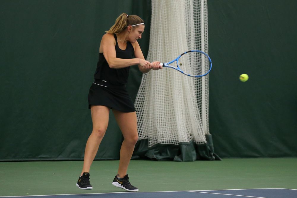 Iowa’s Ashleigh Jacobs returns a ball during the Iowa women’s tennis meet vs UNI on Saturday, February 29, 2020 at the Hawkeye Tennis and Recreation Complex. (Lily Smith/hawkeyesports.com)