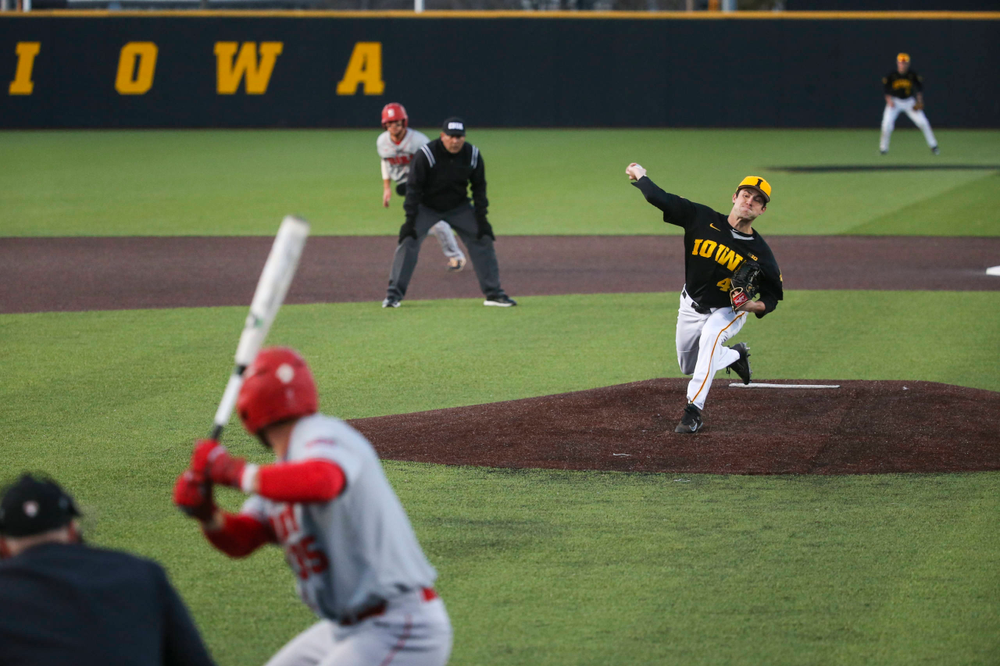 Iowa pitcher Grant Leonard (43) at the game vs. Bradley on Tuesday, March 26, 2019 at (place). (Lily Smith/hawkeyesports.com)