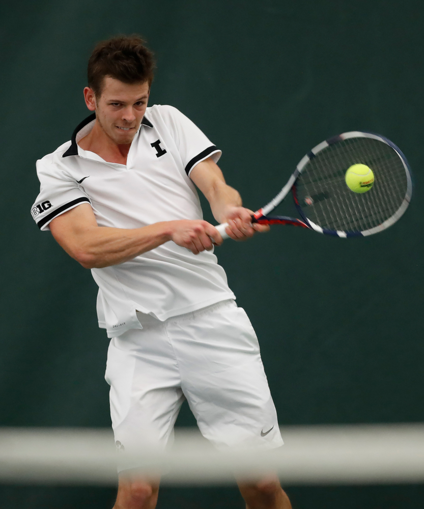 Piotr Smietana against Purdue Sunday, April 15, 2018 at the Hawkeye Tennis and Recreation Center. (Brian Ray/hawkeyesports.com)