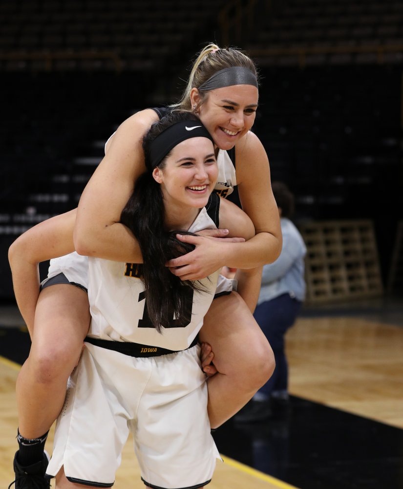 Iowa Hawkeyes forward Hannah Stewart (21) and forward Megan Gustafson (10) during the team's annual media day Wednesday, October 31, 2018 at Carver-Hawkeye Arena. (Brian Ray/hawkeyesports.com)