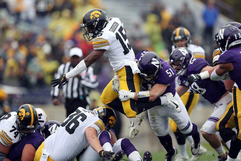 Iowa Hawkeyes running back Tyler Goodson (15) against the Northwestern Wildcats Saturday, October 26, 2019 at Ryan Field in Evanston, Ill. (Brian Ray/hawkeyesports.com)
