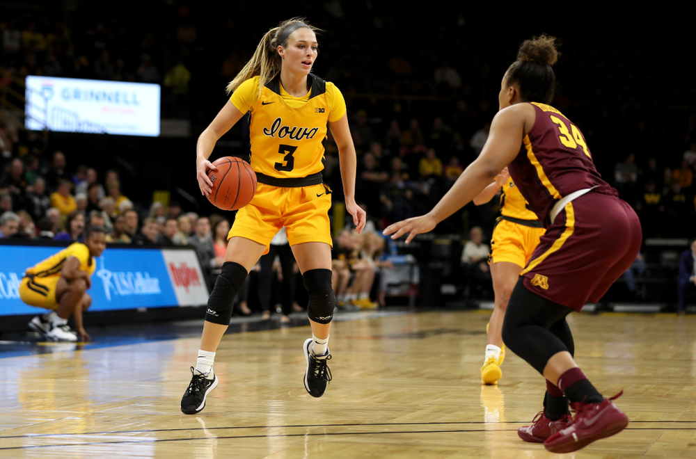 Iowa Hawkeyes guard Makenzie Meyer (3) against the Minnesota Golden Gophers Thursday, February 27, 2020 at Carver-Hawkeye Arena. (Brian Ray/hawkeyesports.com)