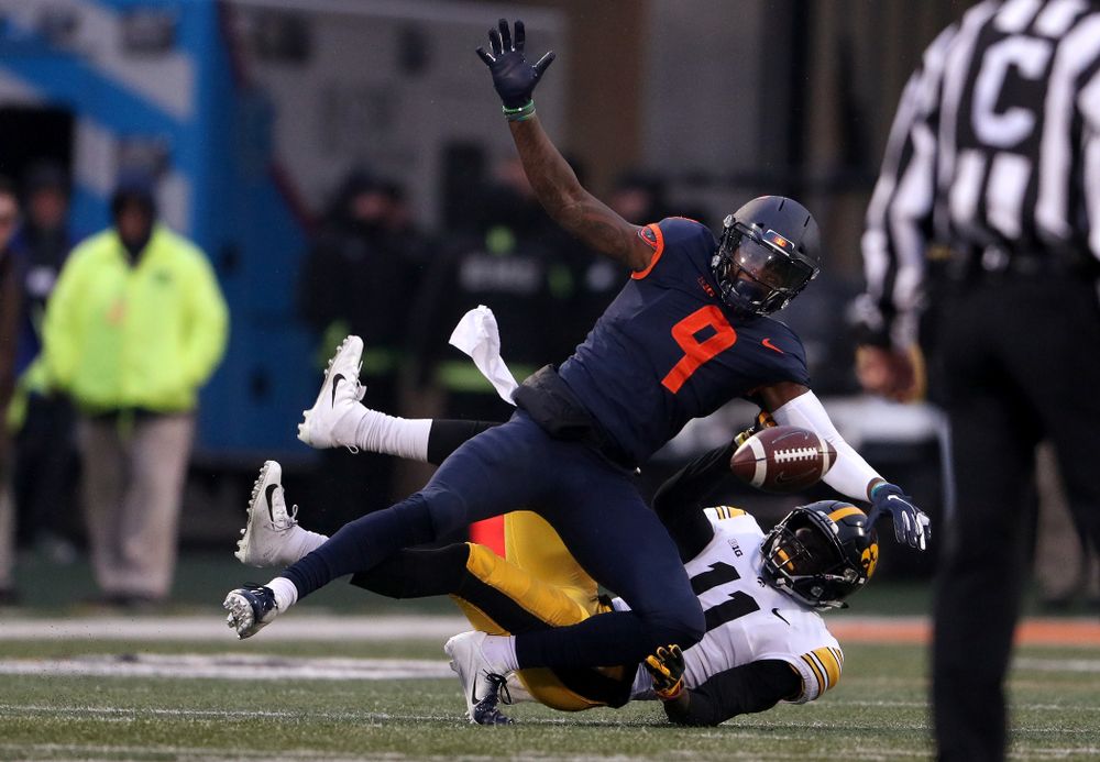 Iowa Hawkeyes defensive back Michael Ojemudia (11) against the Illinois Fighting Illini Saturday, November 17, 2018 at Memorial Stadium in Champaign, Ill. (Brian Ray/hawkeyesports.com)