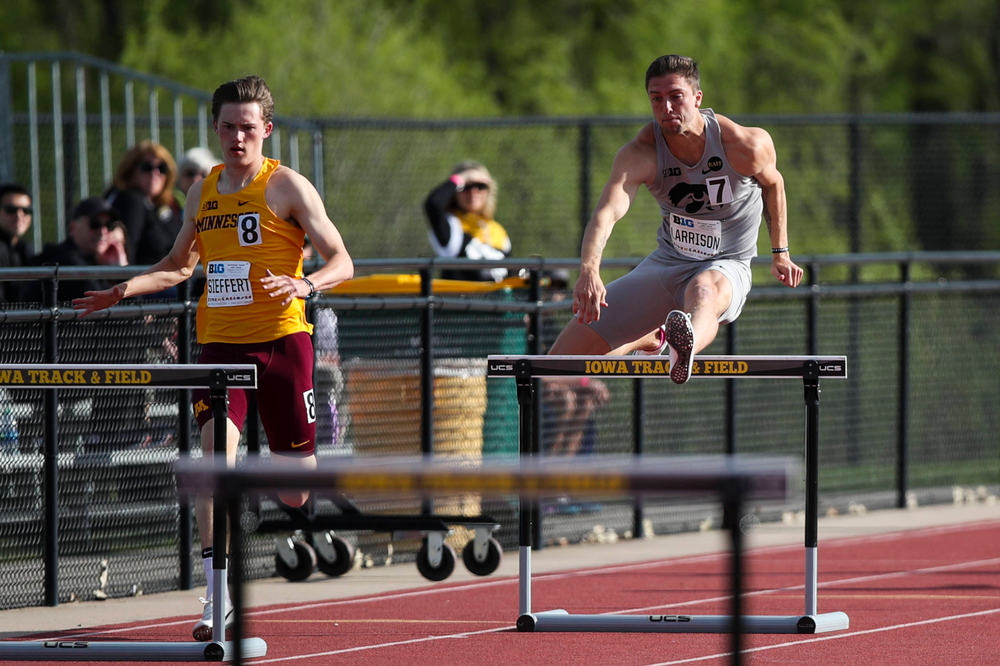 Iowa's Noah Larrison hurdles during the men's 400-meter hurdles at the Big Ten Outdoor Track and Field Championships at Francis X. Cretzmeyer Track on Friday, May 10, 2019. (Lily Smith/hawkeyesports.com)