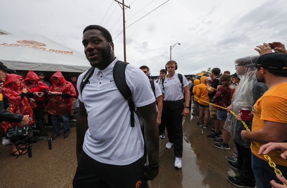 Iowa Hawkeyes defensive tackle Daviyon Nixon (54) arrives for their game against the Iowa State Cyclones Saturday, September 14, 2019 at Jack Trice Stadium in Ames, Iowa. (Brian Ray/hawkeyesports.com)