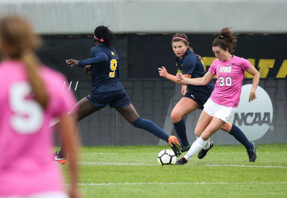 Iowa Hawkeyes forward Devin Burns (30) dribbles the ball during a game against Michigan at the Iowa Soccer Complex on October 14, 2018. (Tork Mason/hawkeyesports.com)