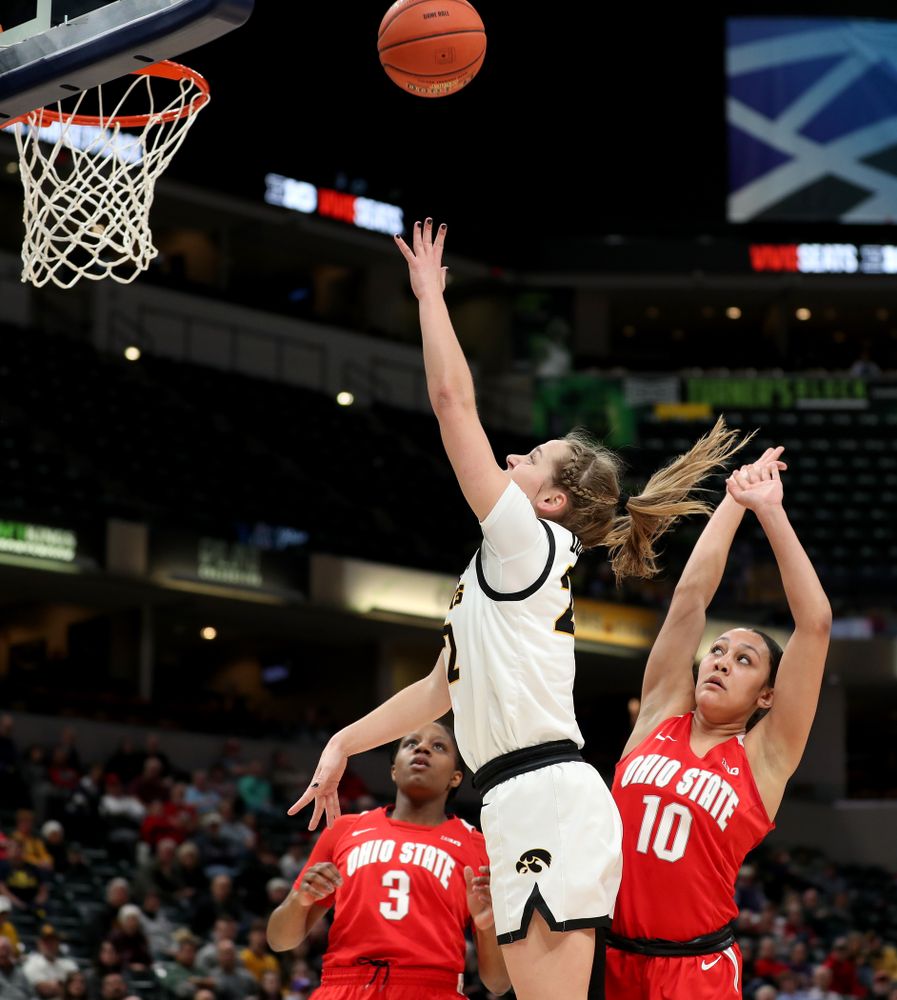 Iowa Hawkeyes guard Kathleen Doyle (22) against Ohio State in the quarterfinals of the Big Ten Basketball Tournament Friday, March 6, 2020 at Bankers Life Fieldhouse in Indianapolis. (Brian Ray/hawkeyesports.com)
