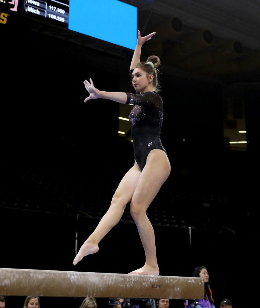 Iowa’s Bridget Killian competes on the beam against Michigan Friday, February 14, 2020 at Carver-Hawkeye Arena. (Brian Ray/hawkeyesports.com)