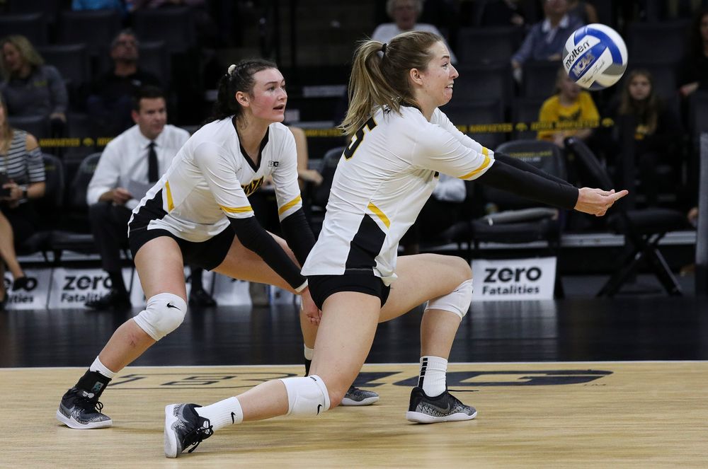 Iowa Hawkeyes outside hitter Meghan Buzzerio (5) bumps the ball during a match against Penn State at Carver-Hawkeye Arena on November 3, 2018. (Tork Mason/hawkeyesports.com)