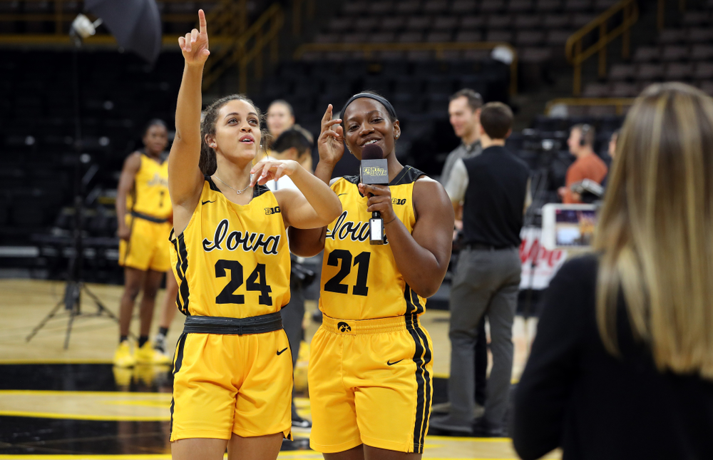 Iowa Hawkeyes guard Gabbie Marshall (24) and guard Zion Sanders (21) during the teamÕs annual media day Thursday, October 24, 2019 at Carver-Hawkeye Arena. (Brian Ray/hawkeyesports.com)