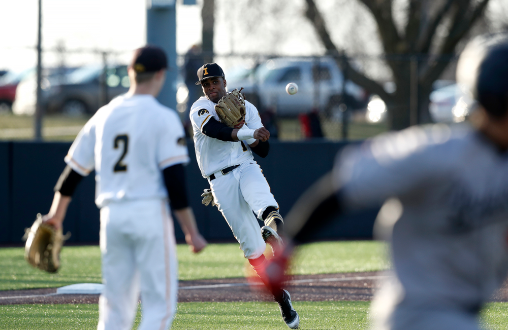 Iowa Hawkeyes third baseman Lorenzo Elion (1) against Northern Illinois Tuesday, April 17, 2018 at Duane Banks Field. (Brian Ray/hawkeyesports.com)