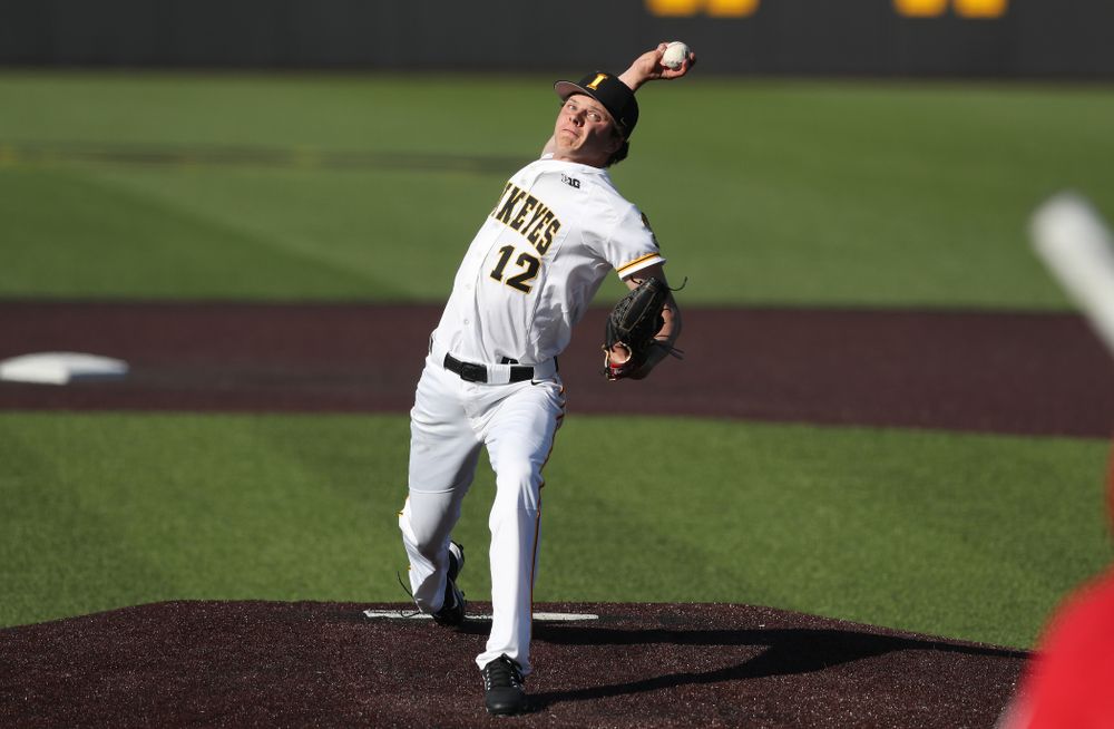 Iowa Hawkeyes Drew Irvine (12) against the Nebraska Cornhuskers Saturday, April 20, 2019 at Duane Banks Field. (Brian Ray/hawkeyesports.com)