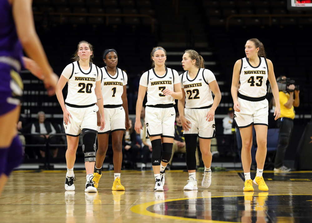 Iowa Hawkeyes guard Kate Martin (20), guard Tomi Taiwo (1), guard Makenzie Meyer (3), guard Kathleen Doyle (22), and forward Amanda Ollinger (43) against North Alabama Thursday, November 14, 2019 at Carver-Hawkeye Arena. (Brian Ray/hawkeyesports.com)