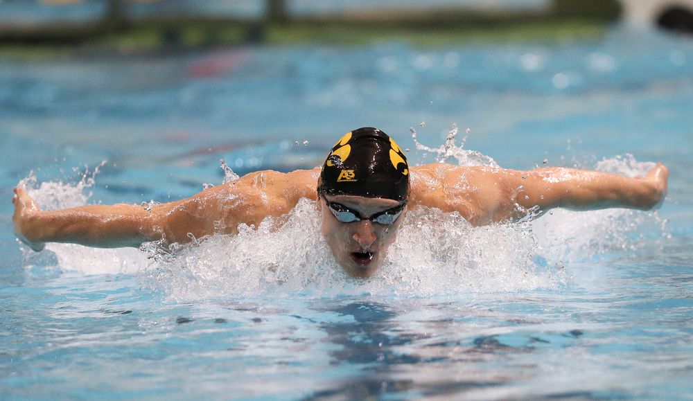 Iowa's Joe Myhre competes in the 100-yard butterfly during the third day of the Hawkeye Invitational at the Campus Recreation and Wellness Center on November 16, 2018. (Tork Mason/hawkeyesports.com)