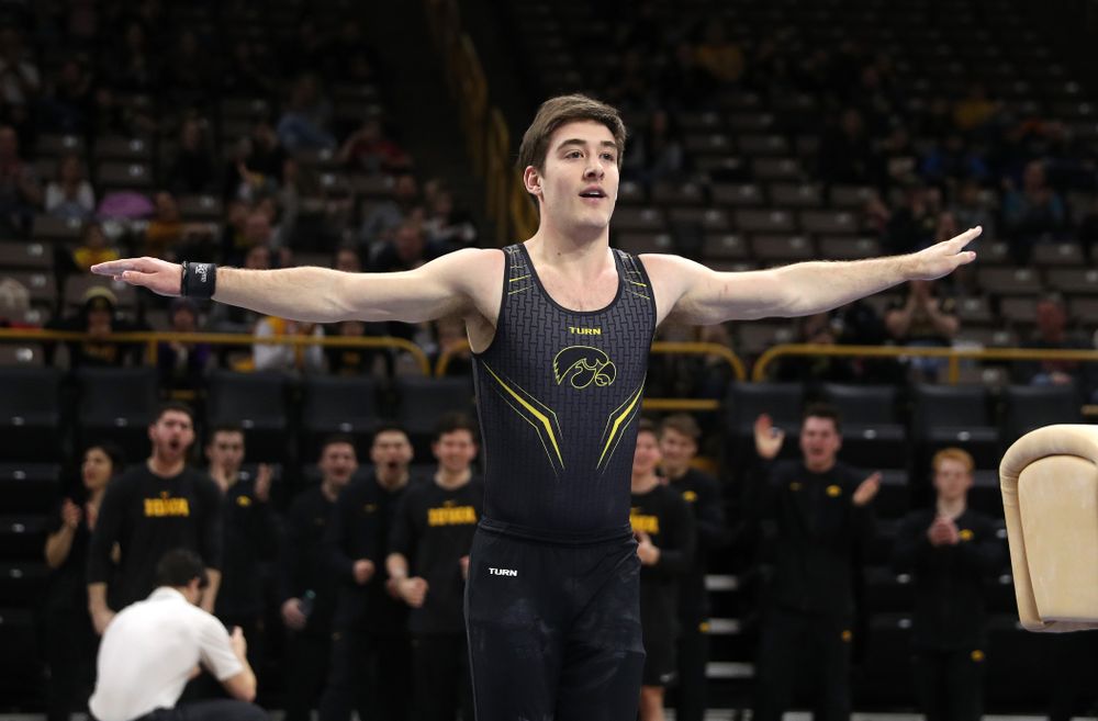 Iowa's Kevin Johnson competes on the Pommel Horse against Oklahoma Saturday, February 9, 2019 at Carver-Hawkeye Arena. (Brian Ray/hawkeyesports.com)