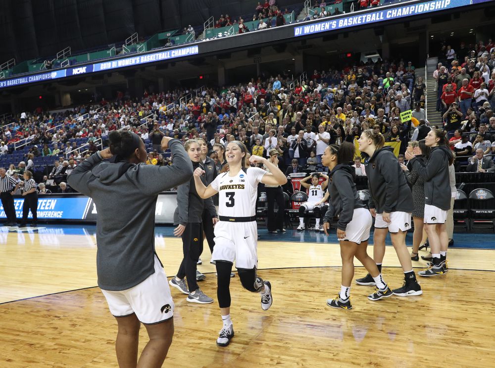 guard Makenzie Meyer (3) against the NC State Wolfpack in the regional semi-final of the 2019 NCAA Women's College Basketball Tournament Saturday, March 30, 2019 at Greensboro Coliseum in Greensboro, NC.(Brian Ray/hawkeyesports.com)