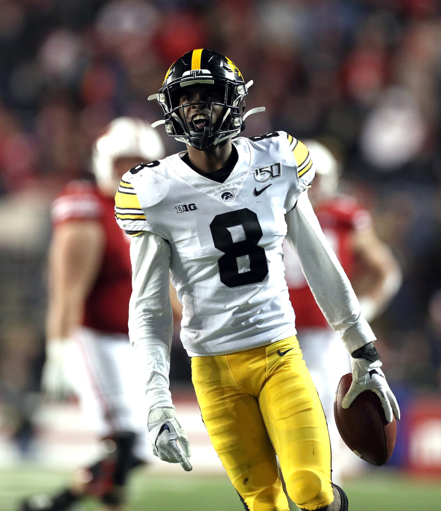 Iowa Hawkeyes defensive back Matt Hankins (8) against the Wisconsin Badgers Saturday, November 9, 2019 at Camp Randall Stadium in Madison, Wisc. (Brian Ray/hawkeyesports.com)
