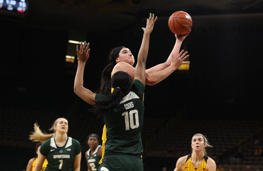 Iowa Hawkeyes forward Megan Gustafson (10) against the Michigan State Spartans Thursday, February 7, 2019 at Carver-Hawkeye Arena. (Brian Ray/hawkeyesports.com)
