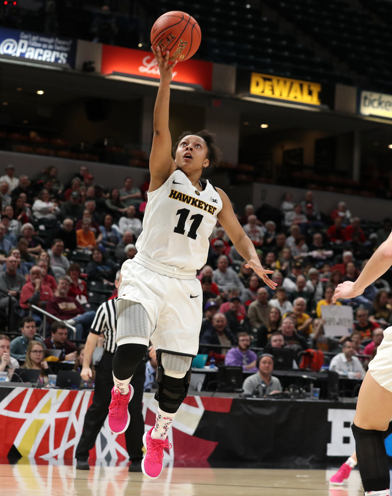 Iowa Hawkeyes forward Hannah Stewart (21) against the Rutgers Scarlet Knights in the semi-finals of the Big Ten Tournament Saturday, March 9, 2019 at Bankers Life Fieldhouse in Indianapolis, Ind. (Brian Ray/hawkeyesports.com)