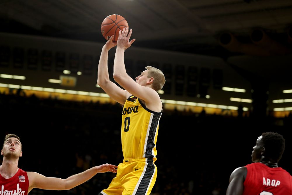 Iowa Hawkeyes forward Michael Baer (0) against the Nebraska Cornhuskers Saturday, February 8, 2020 at Carver-Hawkeye Arena. (Brian Ray/hawkeyesports.com)
