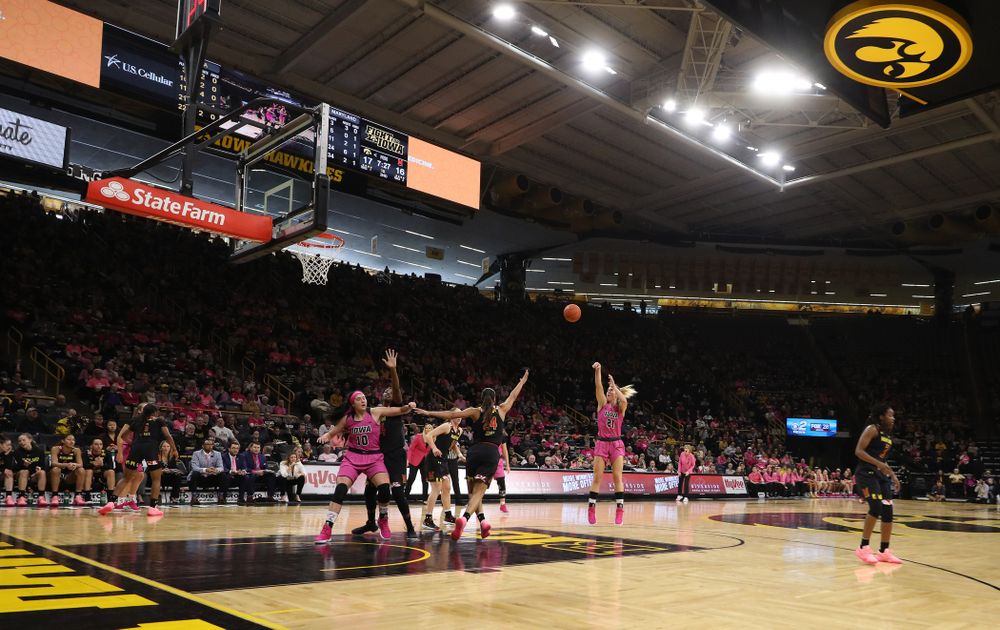 Iowa Hawkeyes forward Hannah Stewart (21) against the seventh ranked Maryland Terrapins Sunday, February 17, 2019 at Carver-Hawkeye Arena. (Brian Ray/hawkeyesports.com)