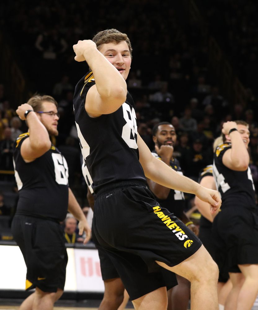 The Iowa Dance Team performs with the Iowa Football Team at halftime of the Iowa Hawkeyes game against the Indiana Hoosiers Friday, February 22, 2019 at Carver-Hawkeye Arena. (Brian Ray/hawkeyesports.com)