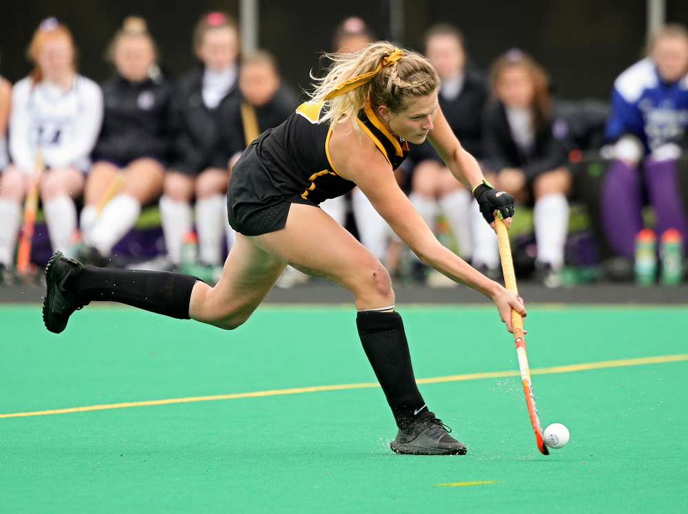 Iowa’s Ellie Holley (7) passes the ball during the third quarter of their game at Grant Field in Iowa City on Saturday, Oct 26, 2019. (Stephen Mally/hawkeyesports.com)