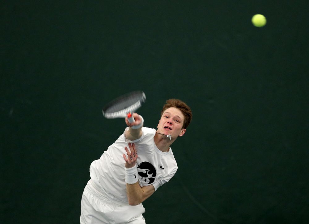 Iowa’s Jason Kerst against Cornell Sunday, March 8, 2020 at the Hawkeye Tennis and Recreation Center. (Brian Ray/hawkeyesports.com)