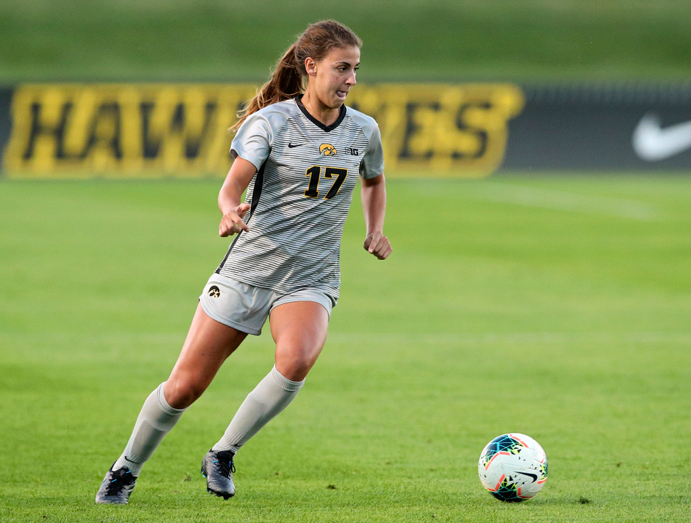 Iowa defender Hannah Drkulec (17) looks to pass during the first half of their match at the Iowa Soccer Complex in Iowa City on Friday, Sep 13, 2019. (Stephen Mally/hawkeyesports.com)