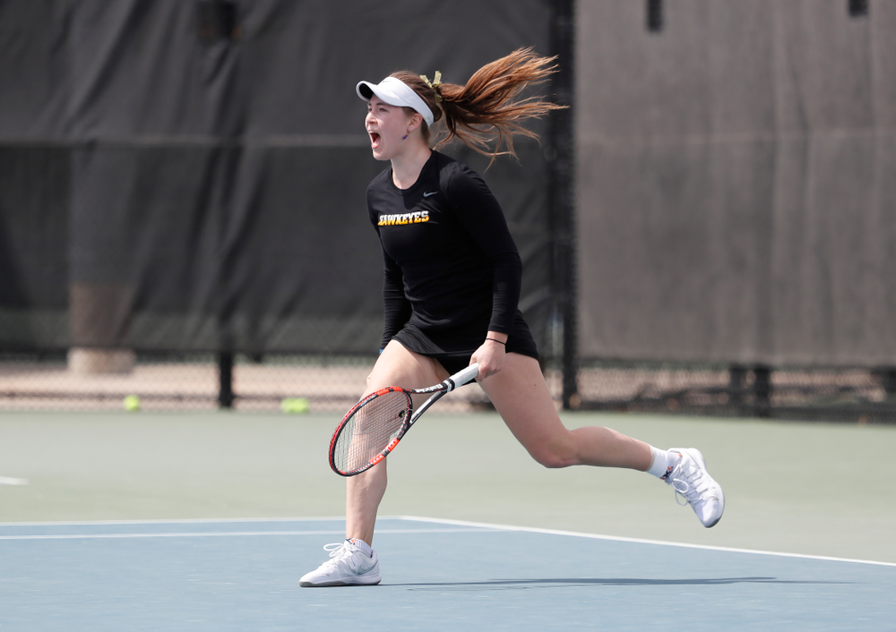 Iowa's Anastasia Reimchen against the Wisconsin Badgers Sunday, April 22, 2018 at the Hawkeye Tennis and Recreation Center. (Brian Ray/hawkeyesports.com)
