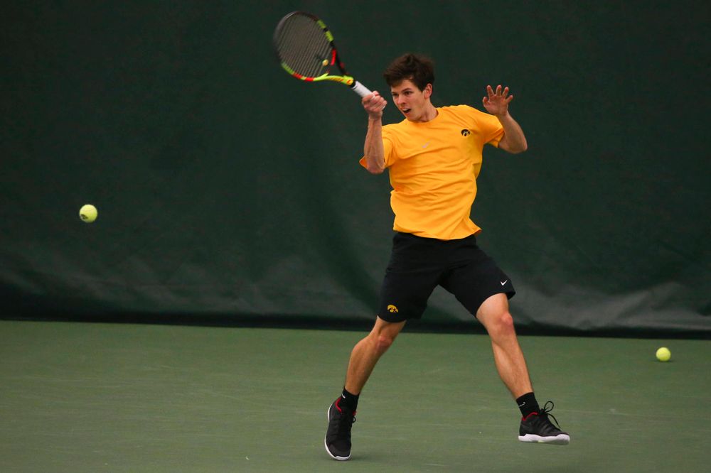 Iowa's Joe Tyler at a tennis match vs Drake Friday, March 8, 2019 at the Hawkeye Tennis and Recreation Complex. (Lily Smith/hawkeyesports.com)