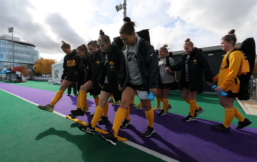 The sophomores cross the line before their game against the Michigan Wolverines in the semi-finals of the Big Ten Tournament Friday, November 2, 2018 at Lakeside Field on the campus of Northwestern University in Evanston, Ill. (Brian Ray/hawkeyesports.com)