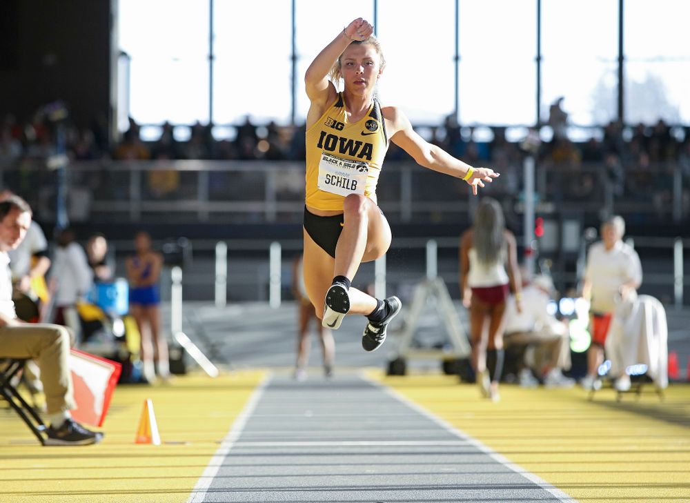 Iowa’s Hannah Schilb competes in the women’s triple jump event at the Black and Gold Invite at the Recreation Building in Iowa City on Saturday, February 1, 2020. (Stephen Mally/hawkeyesports.com)