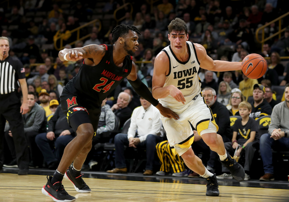 Iowa Hawkeyes forward Luka Garza (55) against the Maryland Terrapins Friday, January 10, 2020 at Carver-Hawkeye Arena. (Brian Ray/hawkeyesports.com)