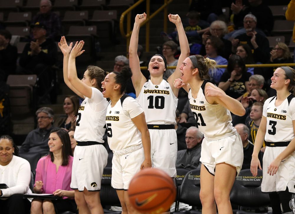 Iowa Hawkeyes guard Alexis Sevillian (5), forward Megan Gustafson (10), and forward Hannah Stewart (21) against the Illinois Fighting Illini Thursday, February 14, 2019 at Carver-Hawkeye Arena. (Brian Ray/hawkeyesports.com)