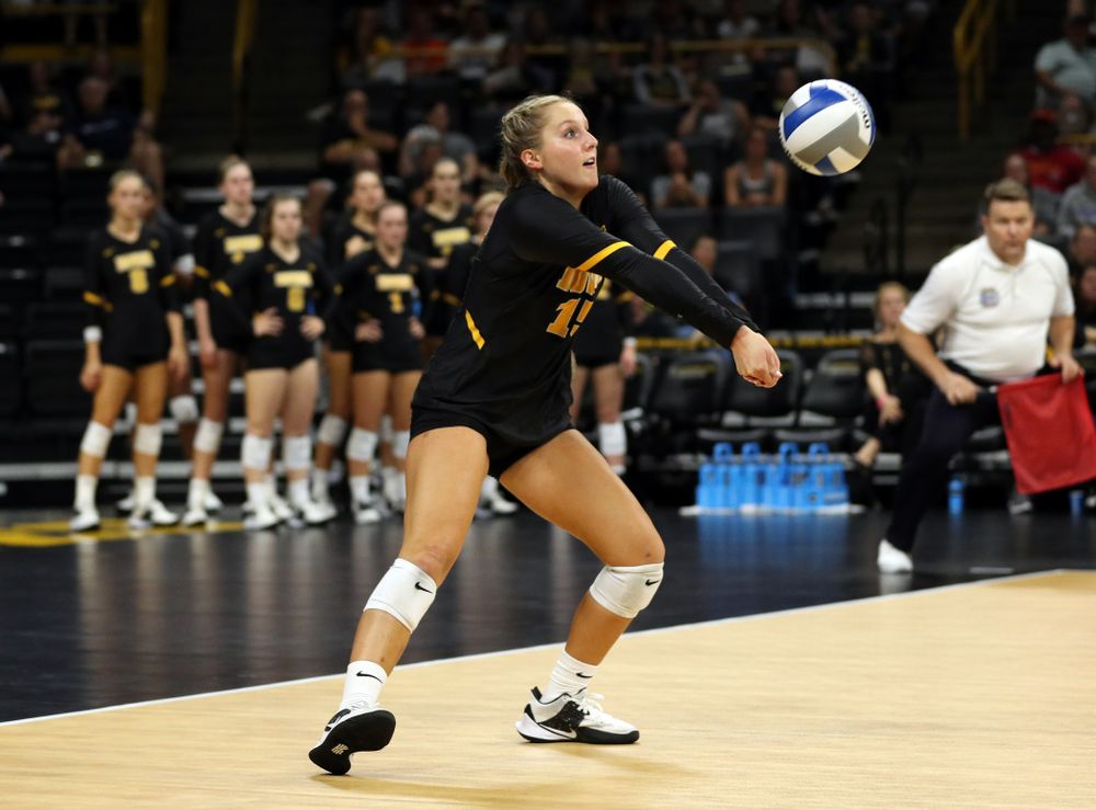 Iowa Hawkeyes defensive specialist Maddie Slagle (15) against the Iowa State Cyclones Saturday, September 21, 2019 at Carver-Hawkeye Arena. (Brian Ray/hawkeyesports.com)