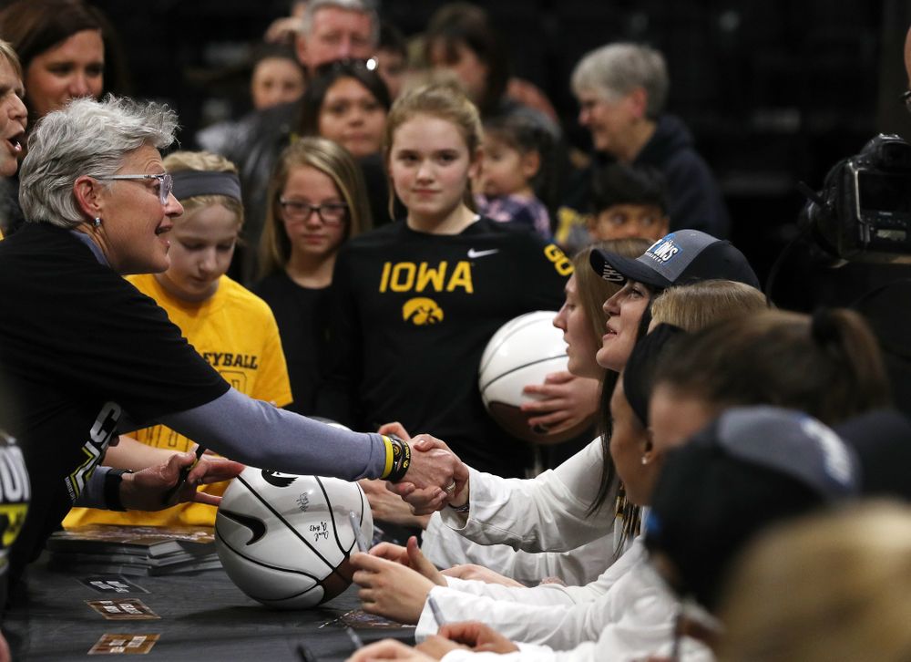 Iowa Hawkeyes forward Megan Gustafson (10) during a celebration of their Big Ten Women's Basketball Tournament championship Monday, March 18, 2019 at Carver-Hawkeye Arena. (Brian Ray/hawkeyesports.com)