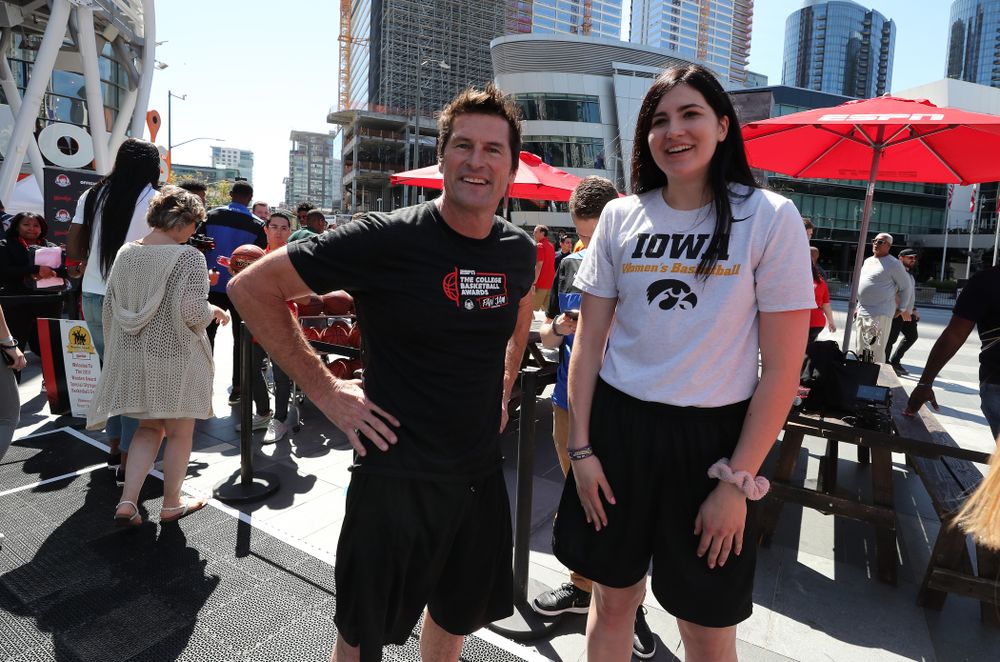 Iowa Hawkeyes forward Megan Gustafson (10) during a Special Olympics event Friday, April 12, 2019 as part of the ESPN College Basketball Awards in the XBOX Plaza at LA Live. (Brian Ray/hawkeyesports.com)