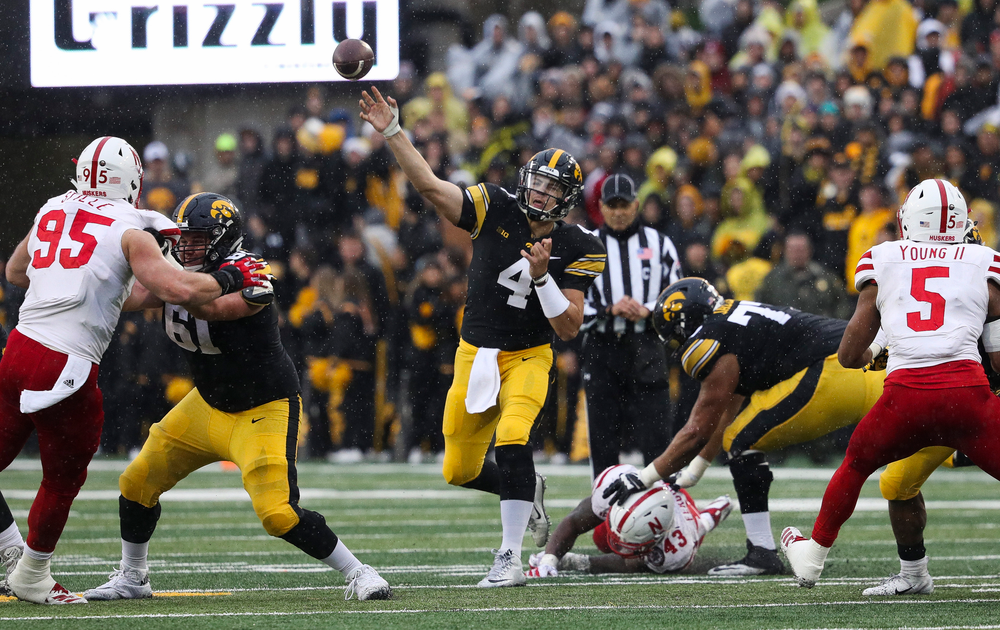 Iowa Hawkeyes quarterback Nate Stanley (4) passes the ball during a game against Nebraska at Kinnick Stadium on November 23, 2018. (Tork Mason/hawkeyesports.com)
