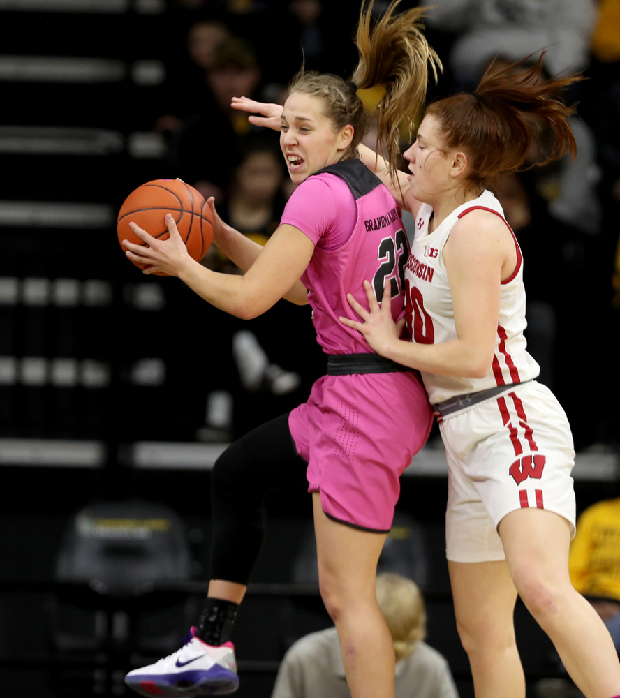Iowa Hawkeyes guard Kathleen Doyle (22) against the Wisconsin Badgers Sunday, February 16, 2020 at Carver-Hawkeye Arena. (Brian Ray/hawkeyesports.com)