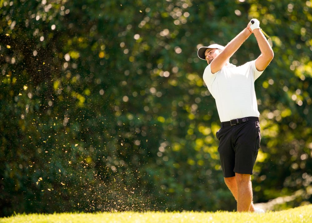 Iowa’s Gonzalo Leal tees off during the second day of the Golfweek Conference Challenge at the Cedar Rapids Country Club in Cedar Rapids on Monday, Sep 16, 2019. (Stephen Mally/hawkeyesports.com)