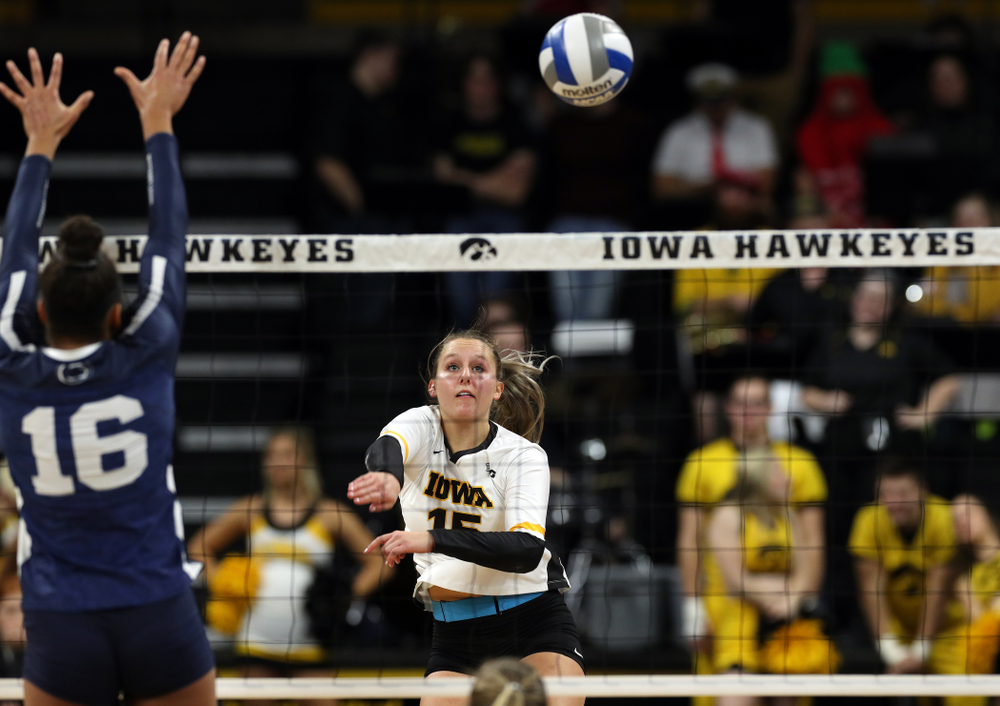 Iowa Hawkeyes defensive specialist Maddie Slagle (15) against Penn State Friday, November 1, 2019 at Carver Hawkeye Arena. (Brian Ray/hawkeyesports.com)